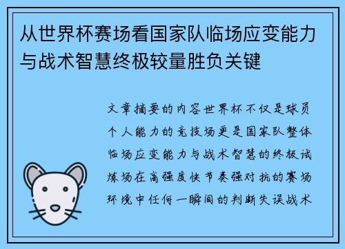 从世界杯赛场看国家队临场应变能力与战术智慧终极较量胜负关键